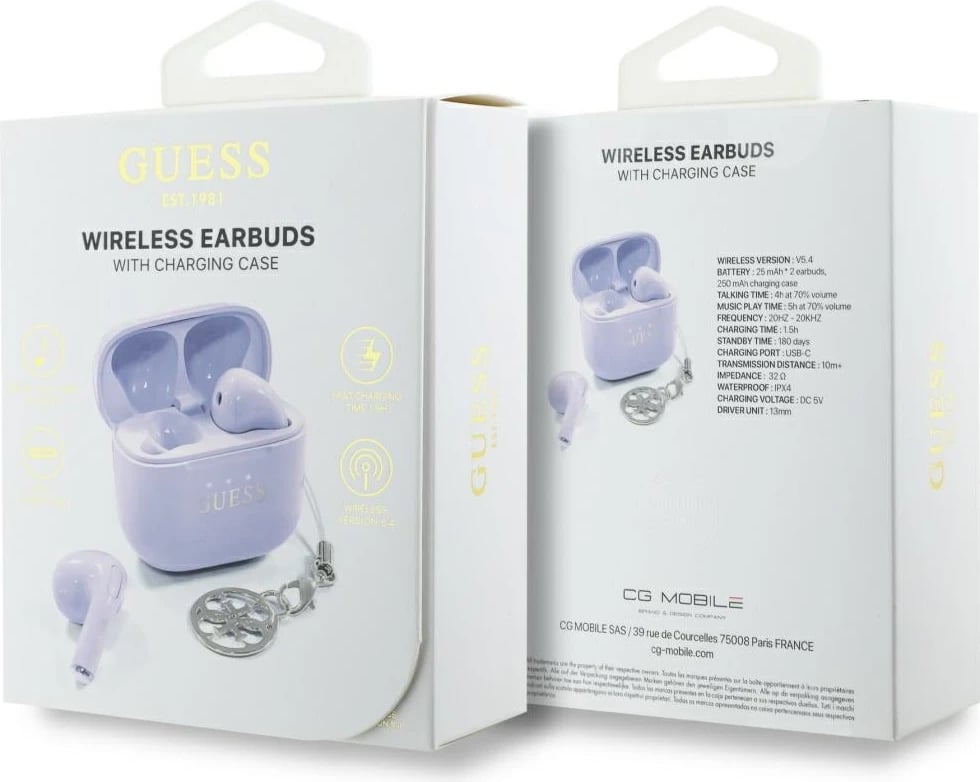 Kufje TWS Guess Glossy Effect me logo, Bluetooth 5.4, IPX5, Lavender