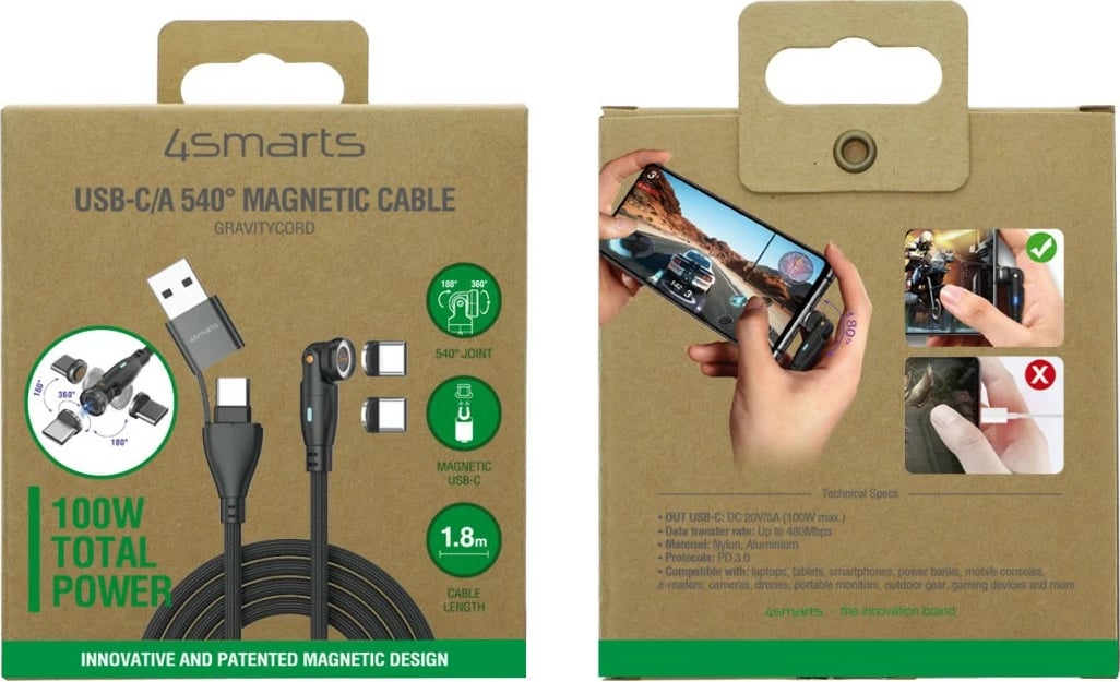 Kabëll USB-C 4smarts 541235, 1.8 m, USB 2.0, i zi