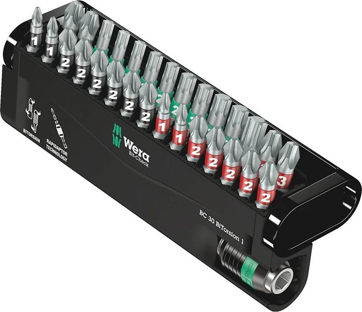 Set bitash Wera 30 copë, Phillips/Pozidriv/Torx, me kuti plastike
