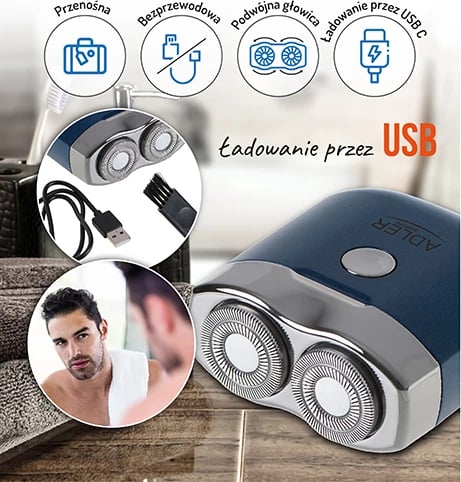 Makinë rroje udhëtimi, Adler AD 2937, dy koka, USB‑C, pa kabllo, bateri 250 mAh, deri 35 min