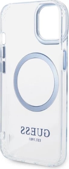 Mbështjellës Guess Metal Outline MagSafe për iPhone 14 Plus/15 Plus, Kaltër/Transparent