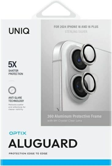 Mbrojtës lentash alumini UNIQ Optix për iPhone 16 / iPhone 16 Plus, Argjend