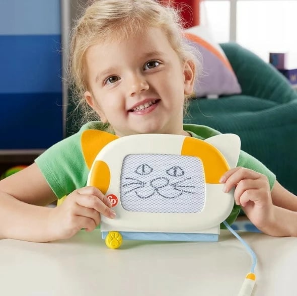 Dërrasë vizatimi Fisher Price Doodle Pro Kitty, për fëmijë, me stilolaps magnetik, bardhë/portokalli