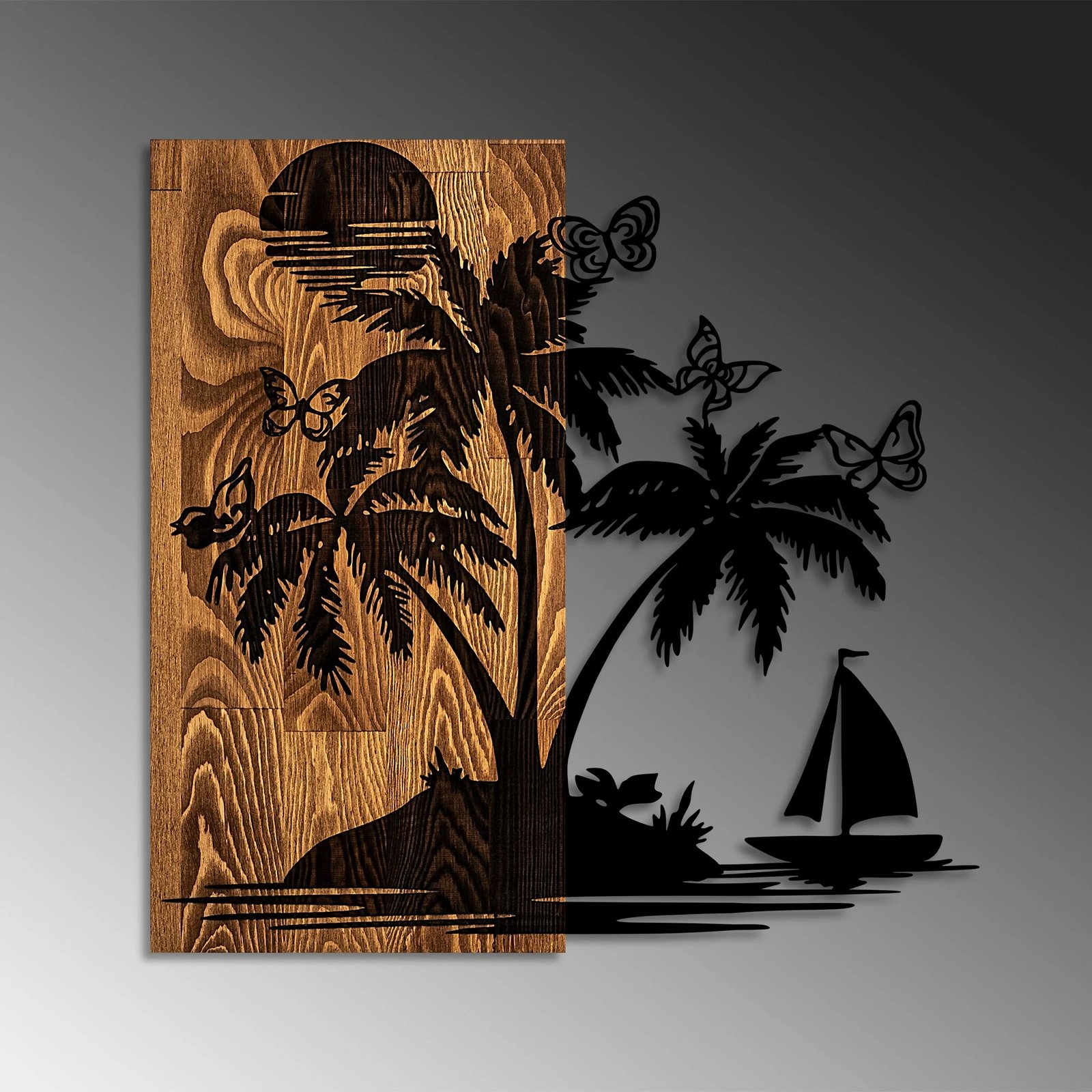 Aksesor dekorativ për mur, dru dhe metal, Holiday Island, ngjyrë arre/zezë, 57x58cm