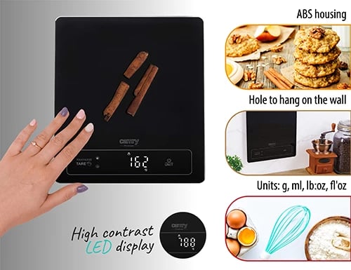 Peshore kuzhine, Camry CR 3175, 15 kg, njësi g/ml/lb:oz/fl'oz, ekran LED, platformë qelqi 24x20 cm, e zezë