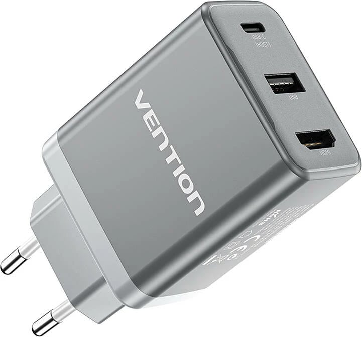 Karikues GaN Vention FJAH0-EU me USB-C, USB-A, HDMI, 65W, Gri