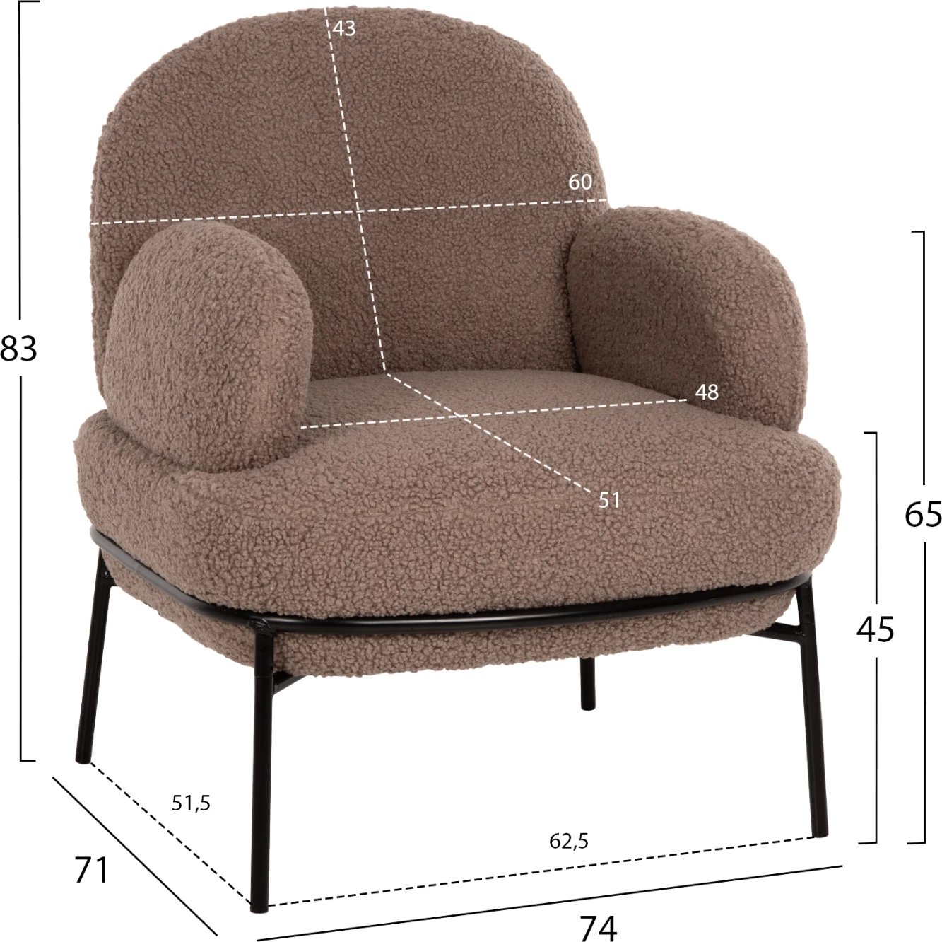 Karrige AGNES FH9525.25 ngjyrë kafe e çelët boucle, këmbë metali të zeza, 74x71x83H cm.