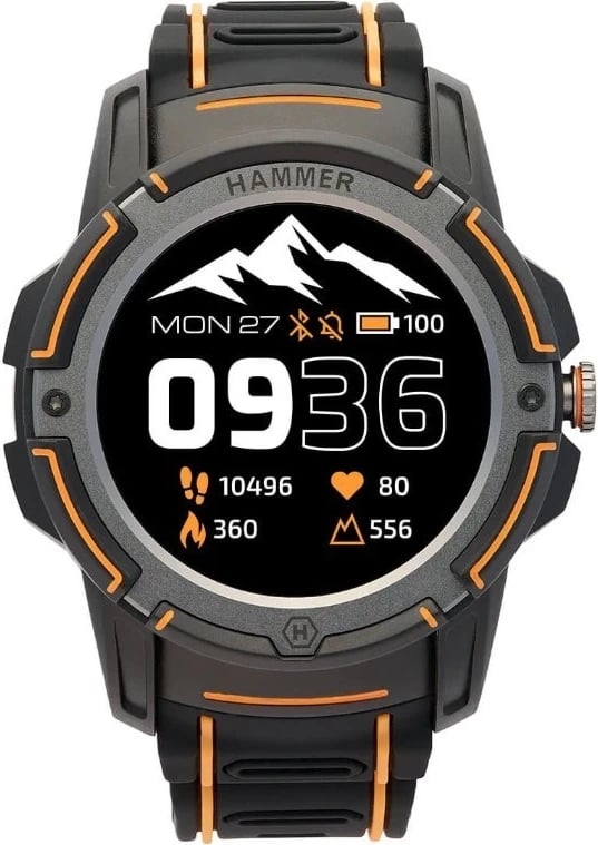 Orë inteligjente myPhone Hammer Watch Plus, me GPS dhe matës të pulsit, e zezë-portokalli