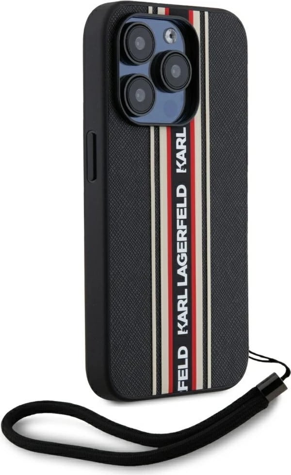 Mbështjellës Karl Lagerfeld Saffiano Athleisure Stripes Cord për iPhone 15 Pro, Kuq