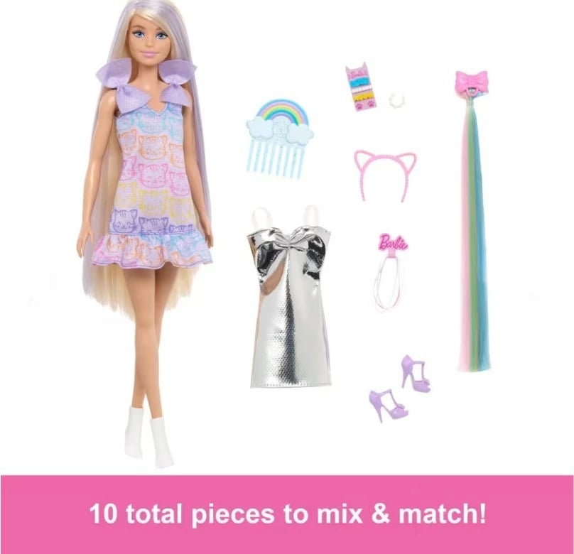 Kukull Barbie Mattel Fun & Fancy JCT72 me flokë të gjatë, me aksesorë dhe dy veshje, shumëngjyrëshe
