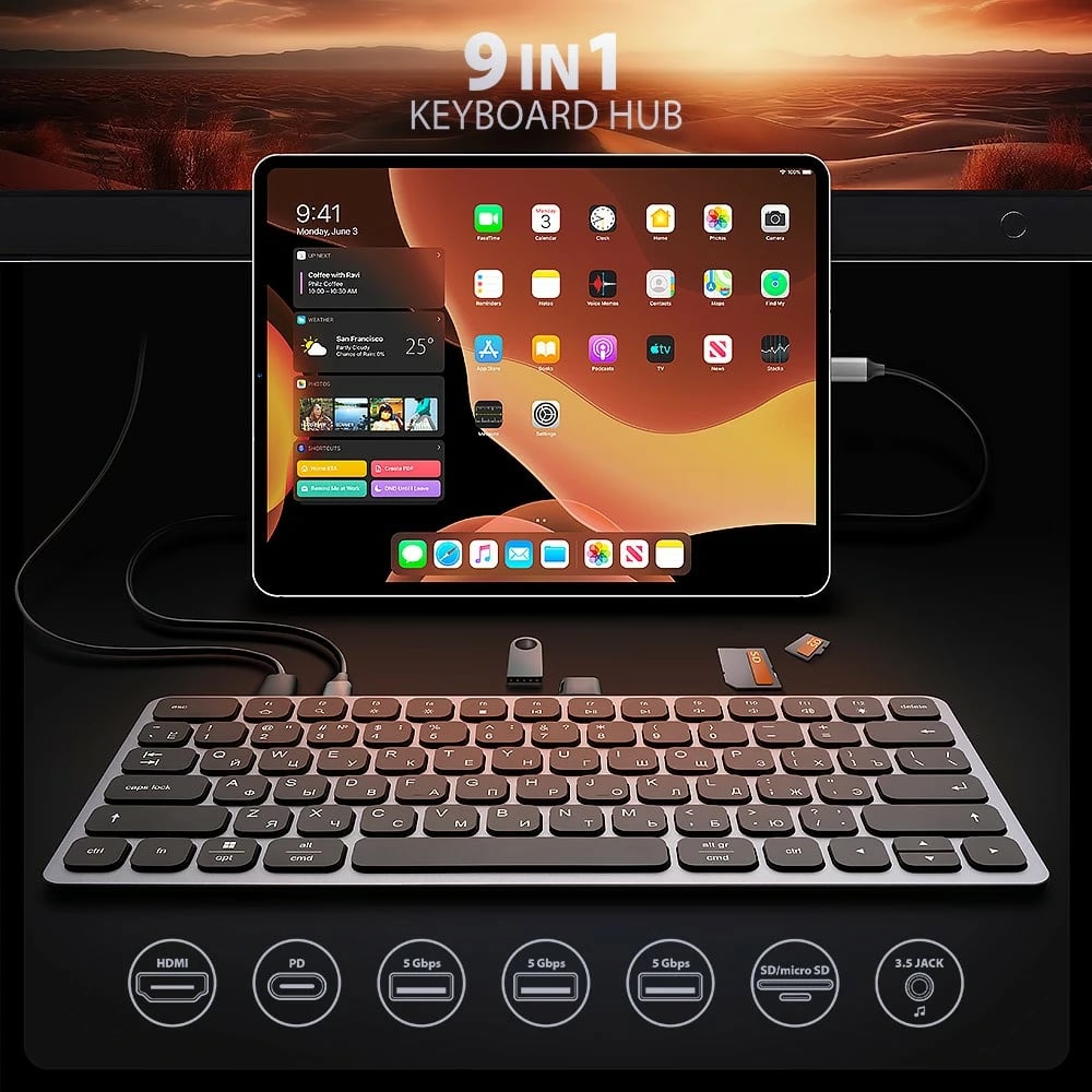 Tastierë AXAGON HMC-KB-CRL me hub USB-C 9-në-1, layout cirilik, 60cm, Gri Tastierë AXAGON HMC-KB-CRL me hub USB-C 9-në-1, layout cirilik, 60cm, Gri