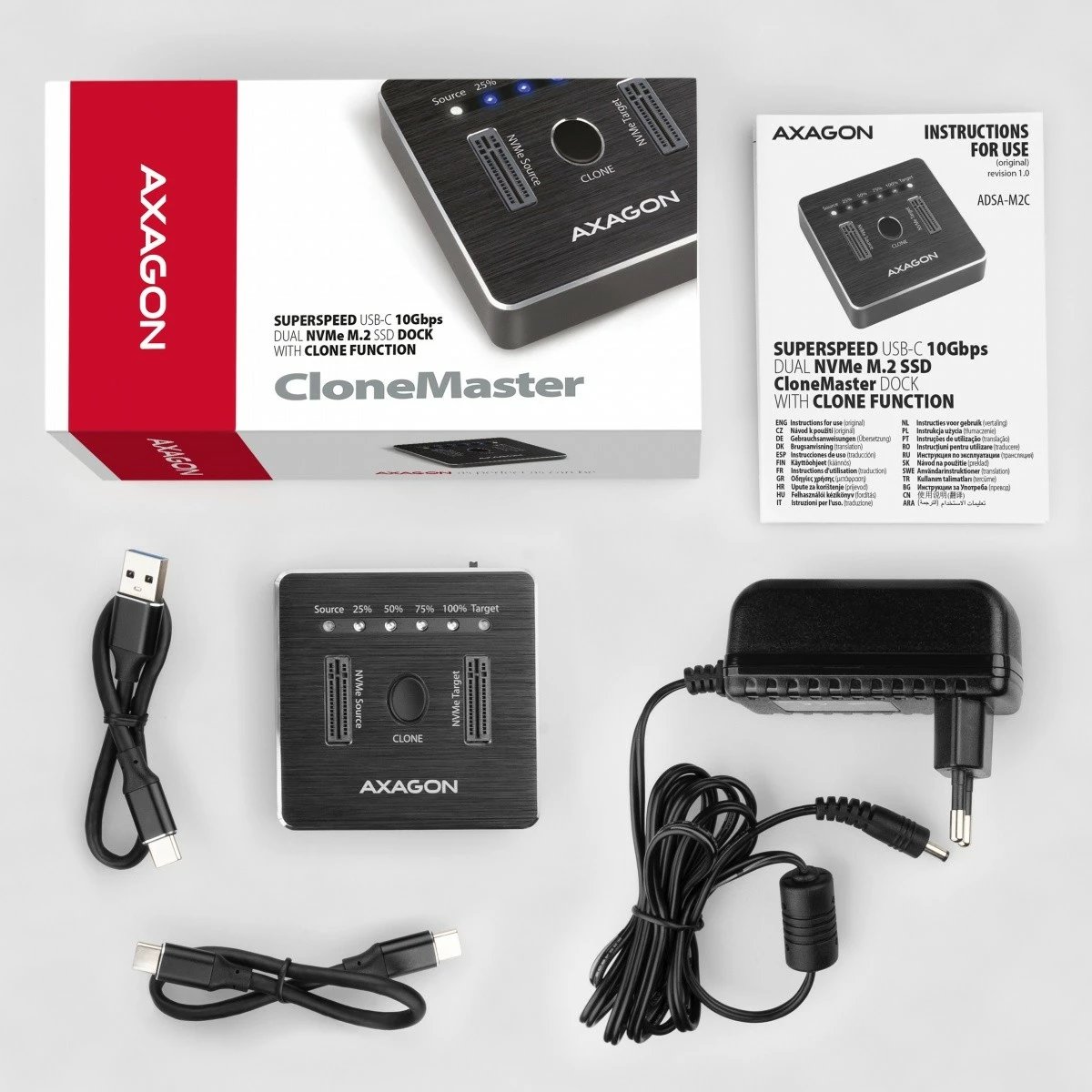 Stacion dokimi AXAGON ADSA-M2C, 2x NVMe M.2 SSD, USB-C 3.2 Gen 2, i zi