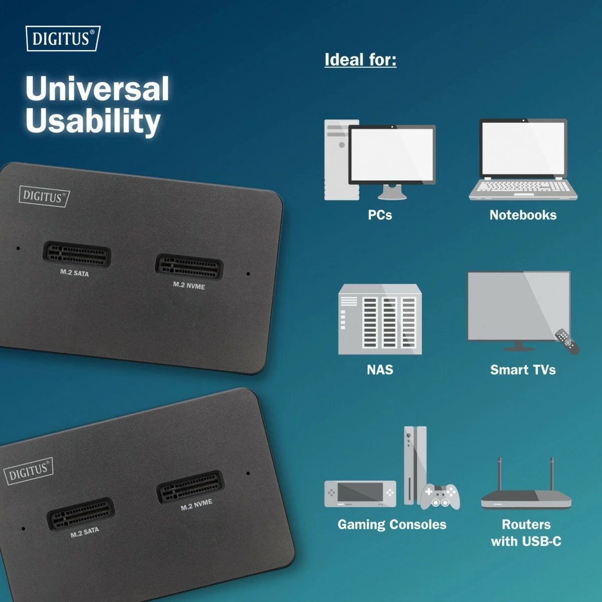 Dok USB-C 3.2 Gen2, Digitus DA-71546-1, për M.2 NVMe & SATA (2 slote, deri 2x 4 TB) me lexues SD-Express 7.1 (deri 2 TB), e zezë