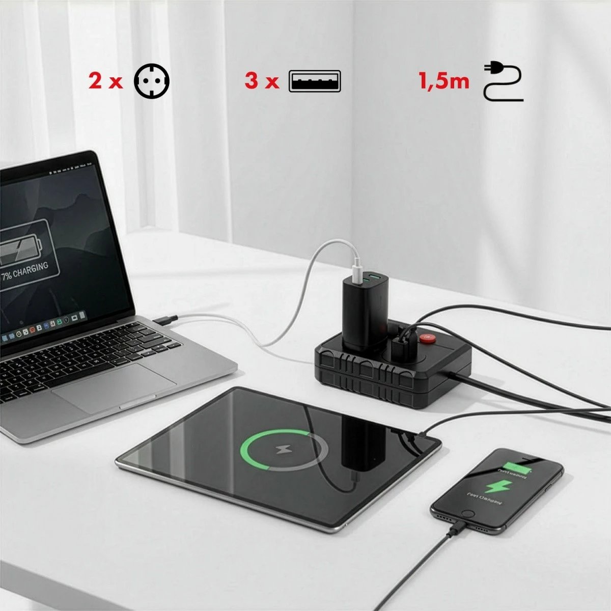 Prizë zgjatëse Maclean MCE387 B, 2 Schuko + 3 USB, 2500W, kabllo 1.5 m, me ndërprerës, e zezë