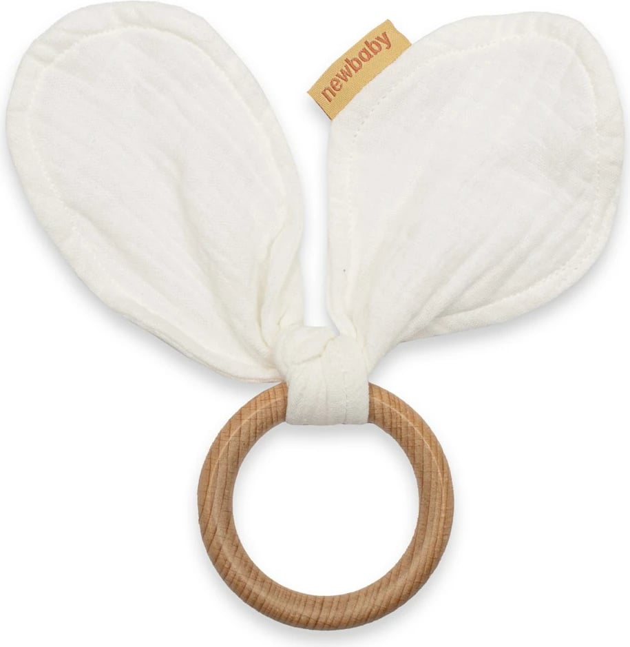 lodër dhëmbëzimi, New Baby Ears, dru fagu + muslin pambuku organik, 14.5x10 cm, unazë 7 cm, e bardhë
