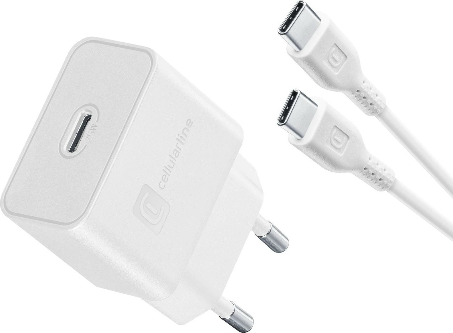 Karikues i shpejtë Cellular Line Super Fast Charger Kit 25W, USB-C në USB-C, 1m, bardhë