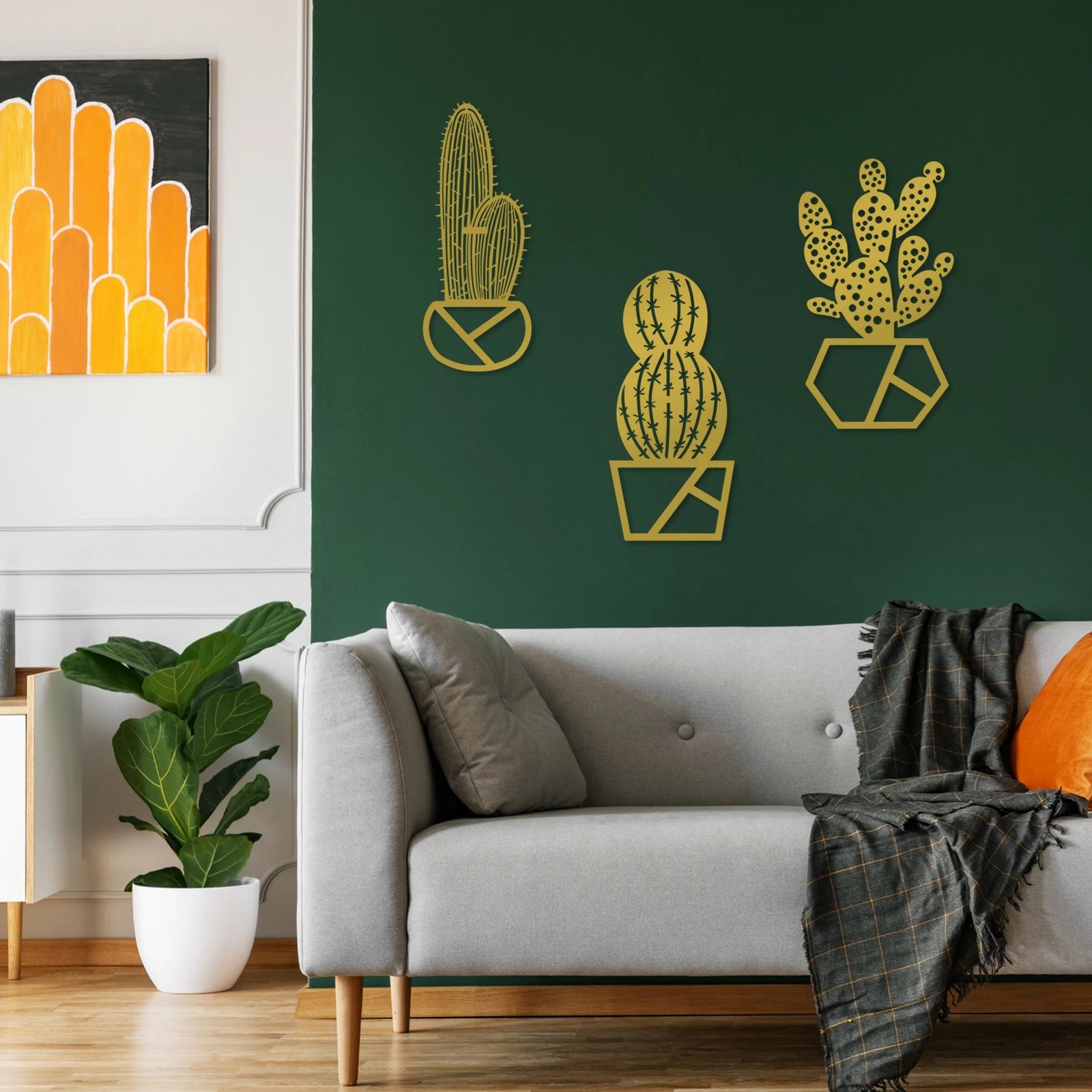 Aksesor dekorativ metalik për mur, kaktus, ngjyrë ari, set prej 3 copash