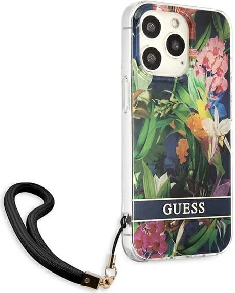 Mbështjellës Guess Flower Strap për iPhone 13 Pro Max 6.7", TPU, Blu me lule