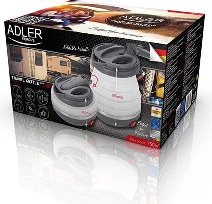 Çajnik elektrik udhëtimi, Adler AD 1279, 0.6 L, silikon palosës, 750W, gri