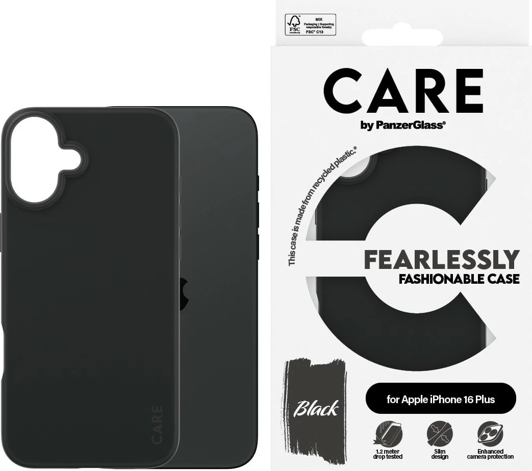 Mbështjellës PanzerGlass CARE Case Fashion për iPhone 16 Plus, silikon, i zi