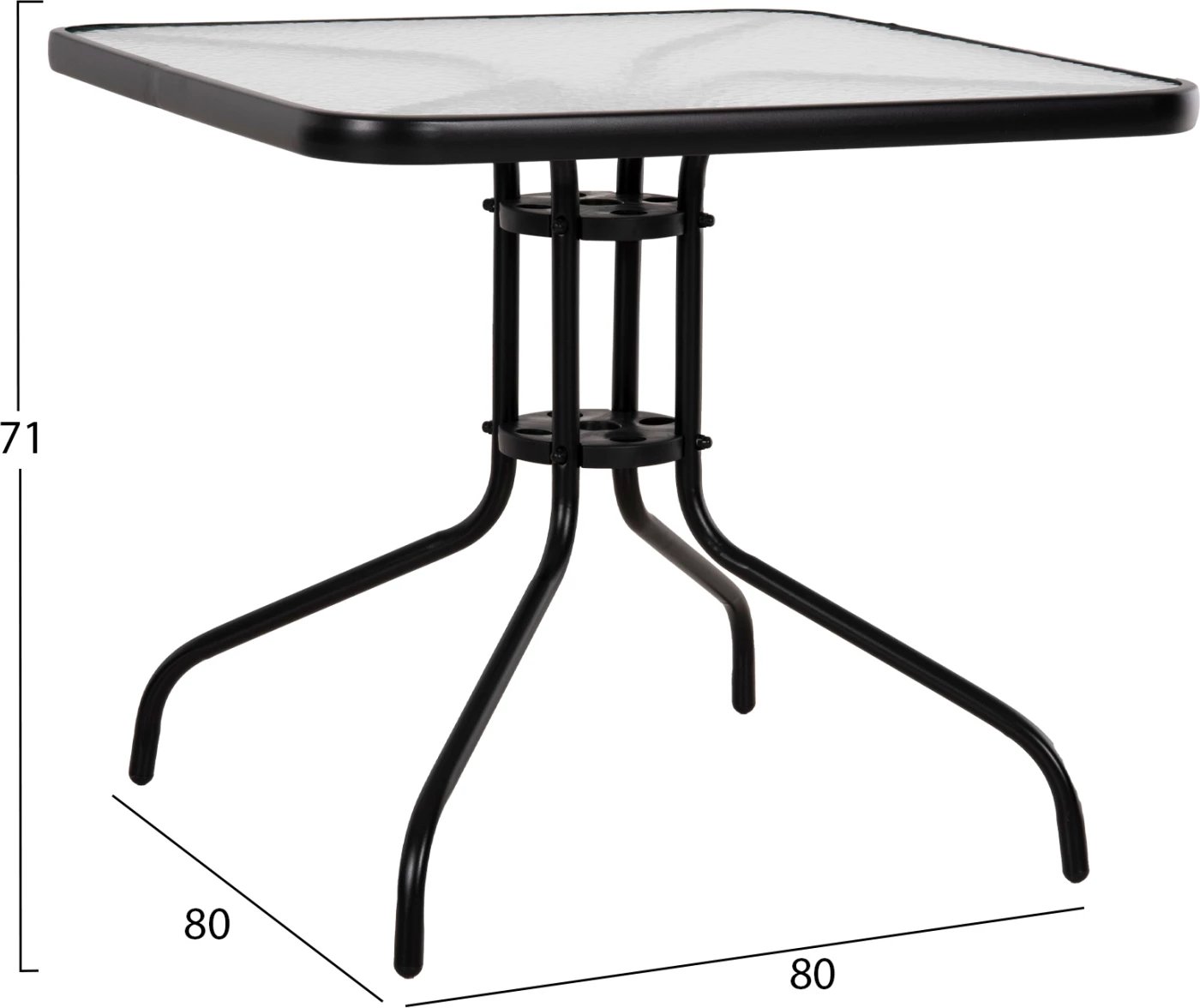 Tavolinë e jashtme katrore FIGO FH5972.03, metalike e zezë me sipërfaqe tavoline prej xhami, 80x80x71 cm