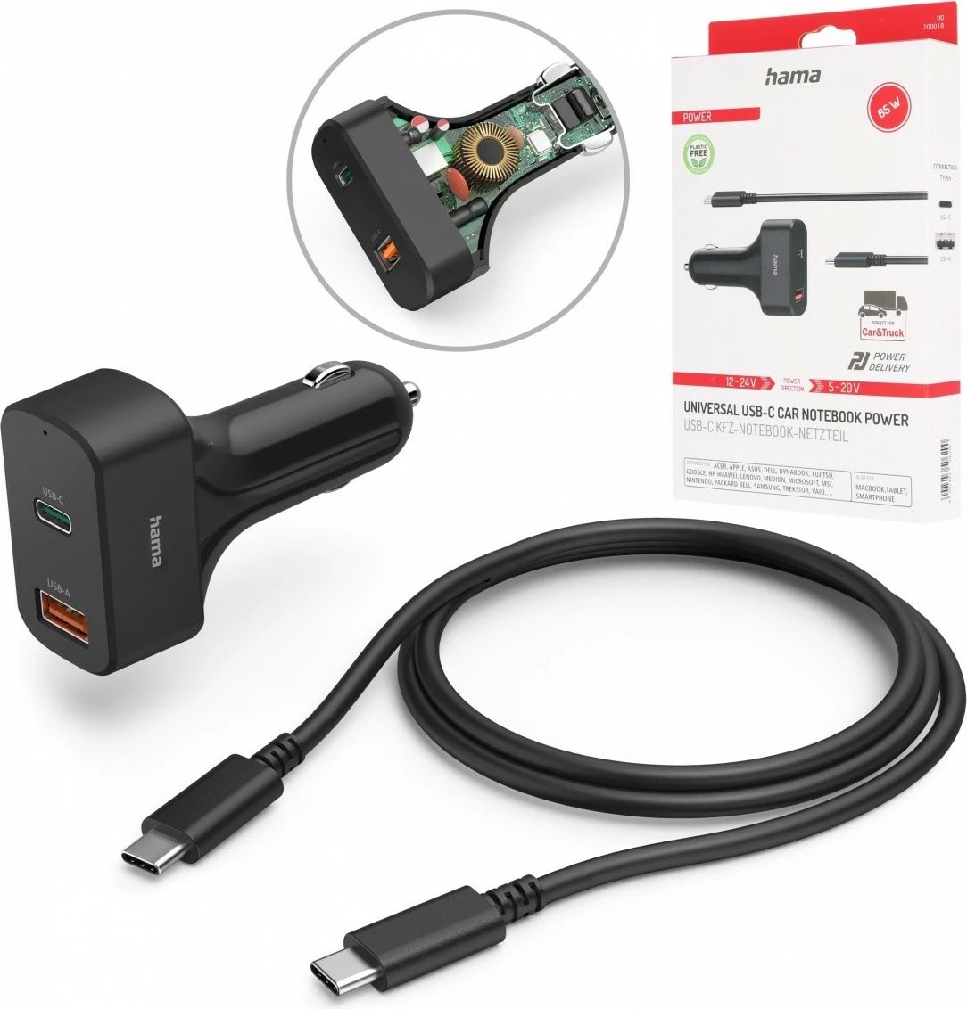 Karikues veture Hama 200018, 65W, USB-C & USB, 1.5m, i zi