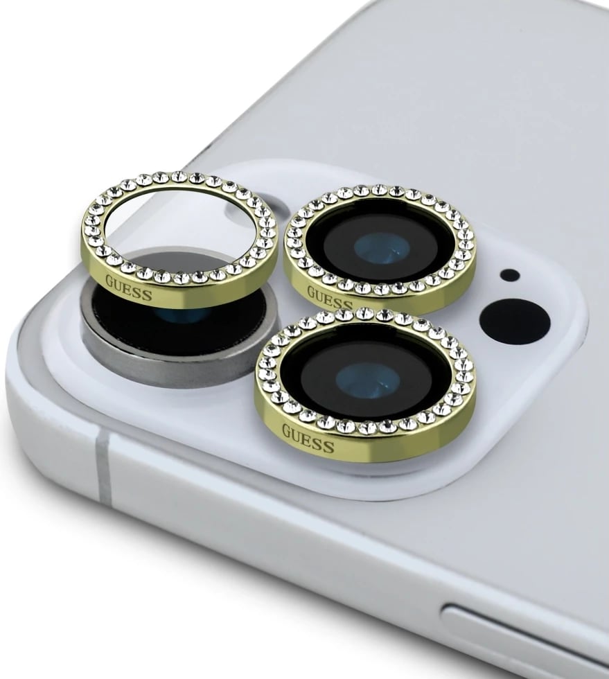 Mbështjellës xhami Guess BP Rhinestone 2in1 për ekran dhe kamera, për iPhone 16 Pro Max, Gold