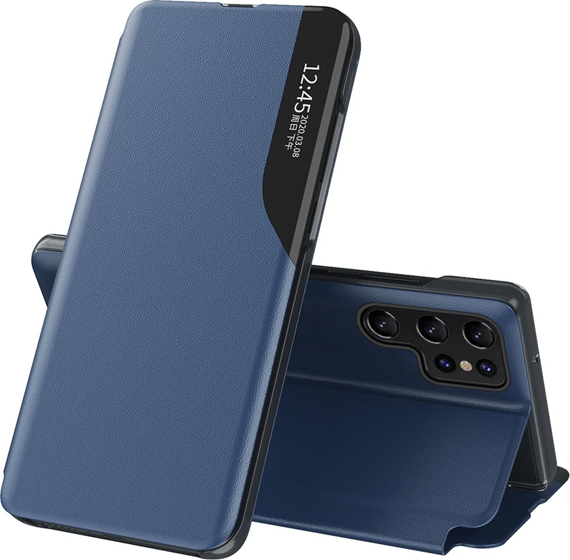 Mbështjellës Hurtel Eco Leather View Case për Samsung Galaxy S25 Ultra, me kapak dhe qëndrim, Blu