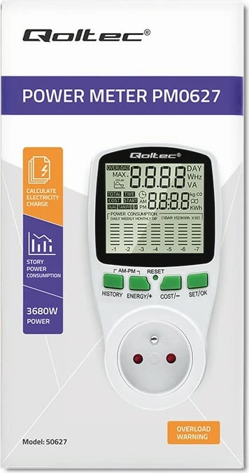 Matës i konsumit të energjisë Qoltec PM0627, 3680W, 16A, LCD, Bardhë