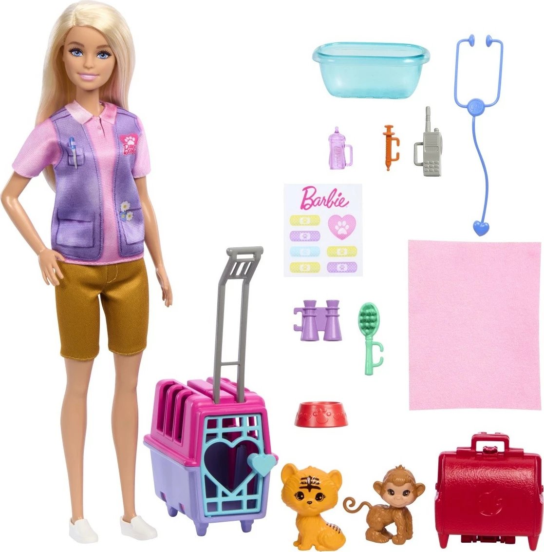 Set lodrash Barbie Mattel HRG50 Animal Rescue Worker, me kukull, majmun, këlysh tigri dhe aksesorë, për fëmijë
