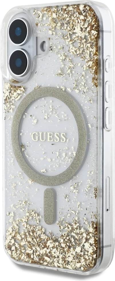 Mbështjellës Guess HC Resin Bottom Glitter MagSafe për iPhone 16 6.1", hardcase TPU/PC me unazë magnetike MagSafe, ari
