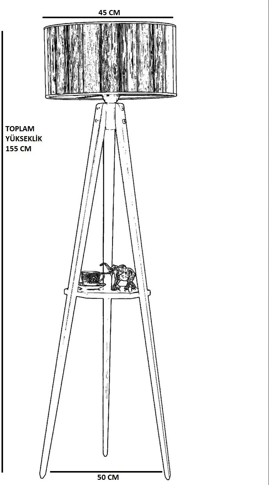 Llambë dyshemeje Opviq, tripod me rafte, abazhuri cilindrik i zi