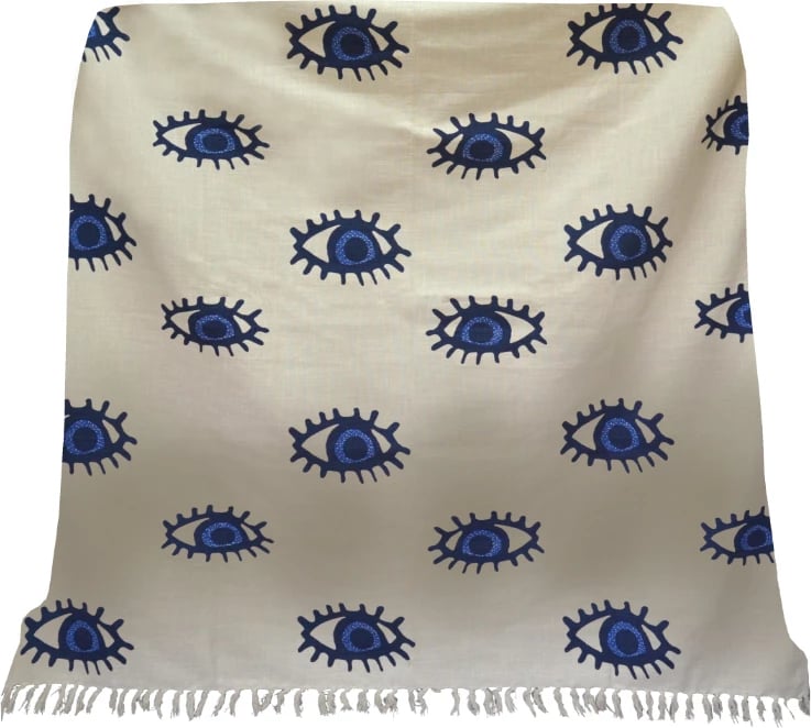 Mbulesë dekorative Eyes, pambuk, e bardhë-blu, 130x170cm