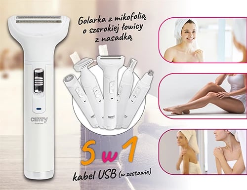 Trimmer multifunksional, Camry, CR 2935, bateri 400mAh Ni-MH, karikim USB, kokë folio + trimmer vetullash/bikini/hundë/fytyrë, e bardhë, set