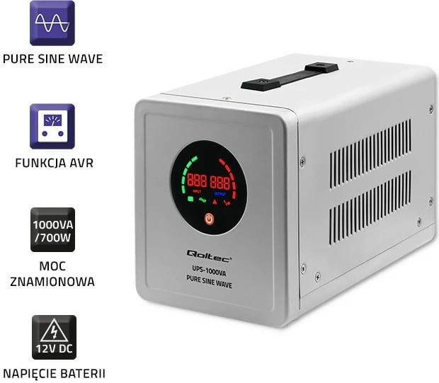 UPS Qoltec 1000VA 700W Pure Sine Wave, Gri UPS Qoltec 1000VA 700W Pure Sine Wave, Gri