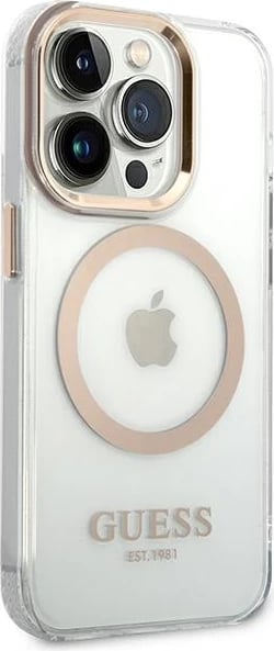 Mbështjellës Guess GUHMP14LHTRMD për iPhone 14 Pro 6.1", Metal Outline Magsafe, Transparent/Gold