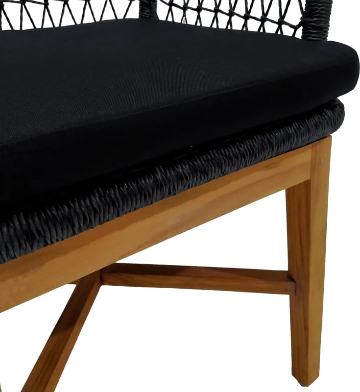 Karrige me krahë Elaiza dru teak dhe litar sintetik, ngjyrë natyrale-e zezë, me jastëk, 58x60x90cm