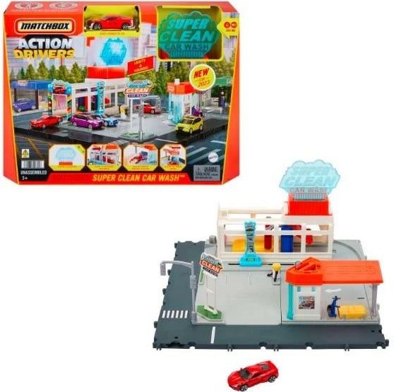 Set lodrash garazh Matchbox Action Drivers Real Adventures Car Wash me makinë Chevrolet Corvette, shumëngjyrësh