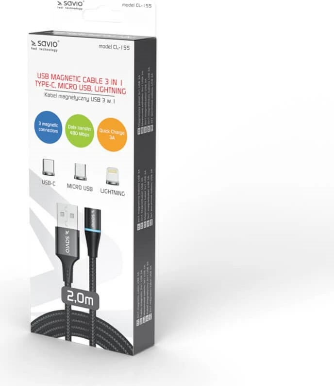 Kabel Savio CL-155, USB 2.0, 2 m, i zi