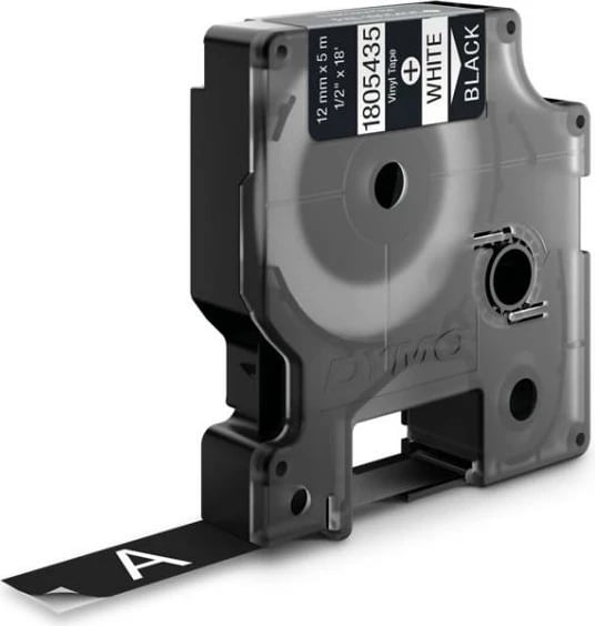 Shirit etiketimi vinil, Dymo, Rhino Coloured Vinyl 1805435, 12 mm x 5 m, tekst i bardhë në të zezë