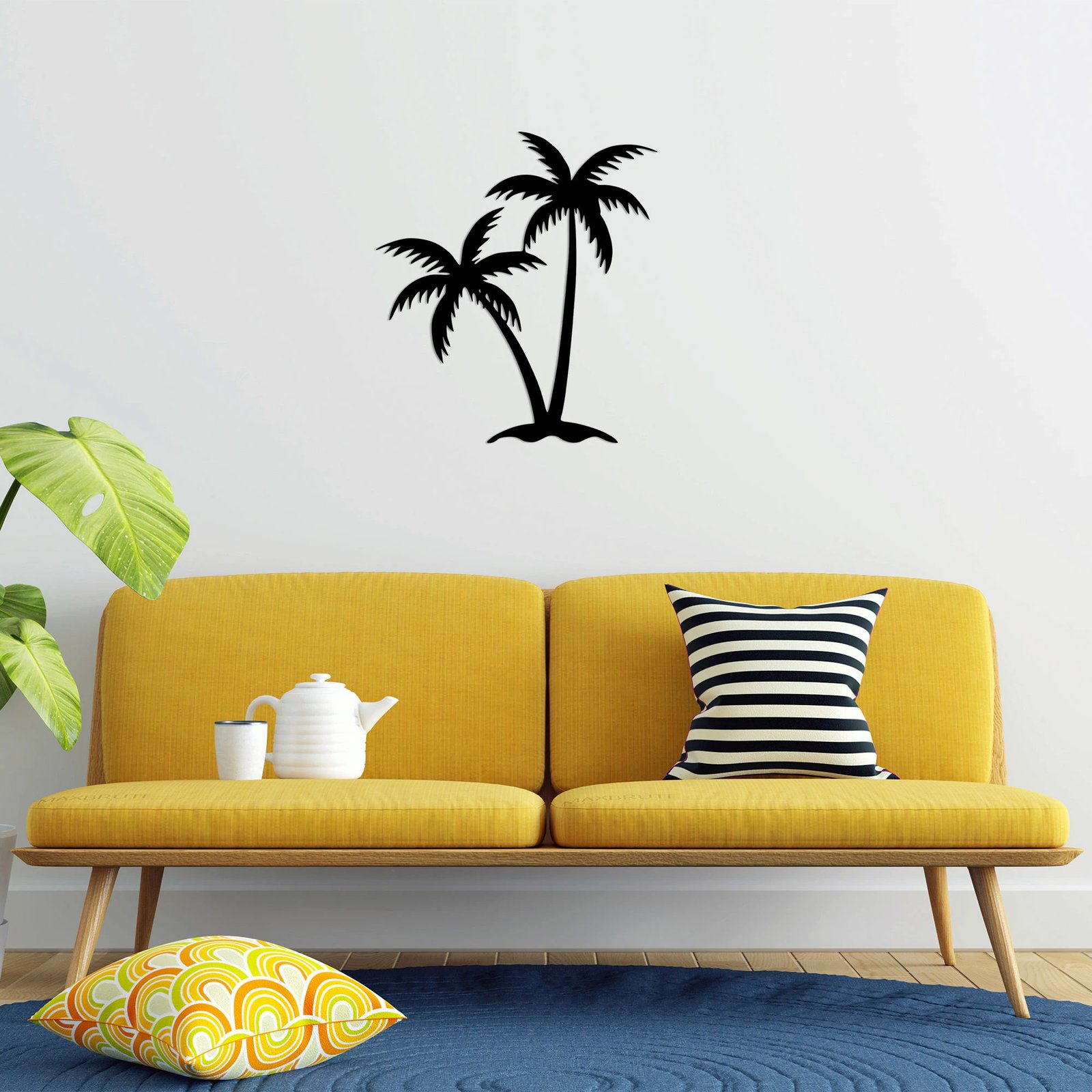 Aksesor dekorativ metalik për mur, Palm 2 - 436, ngjyrë e zezë, 63x70cm