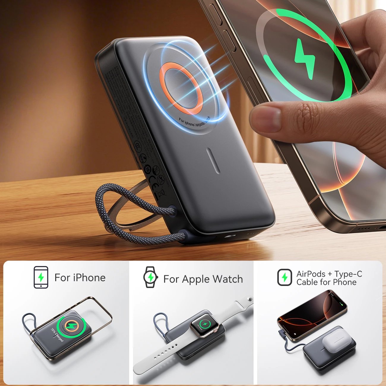 Powerbank Joyroom JR-PBM02 10000mAh, 22.5W, 3-në-1, MagSafe, me kabllo të integruar, e zezë