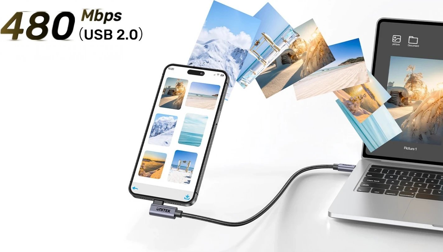 Kabëll USB-C Unitek, 90° PD100W, 1m, zi-gri Kabëll USB-C Unitek, 90° PD100W, 1m, zi-gri