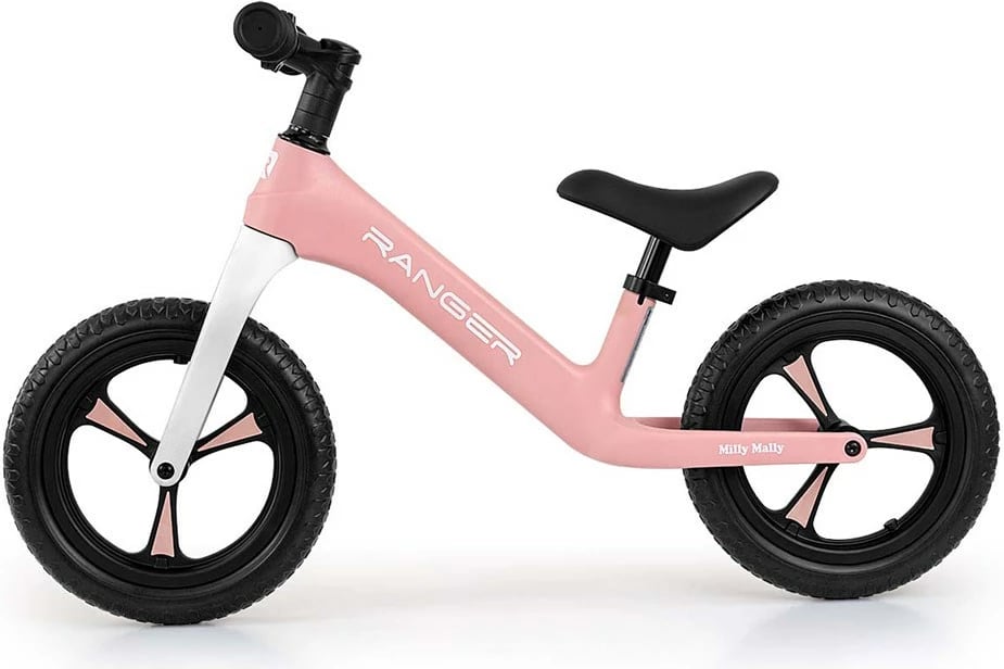 bicikletë balancuese, Milly Mally, Ranger, rrota 12" EVA pa shpim, kornizë kompozite e lehtë, ulëse e rregullueshme 35-41 cm, 2+ vjeç, ngarkesa 25 kg, rozë