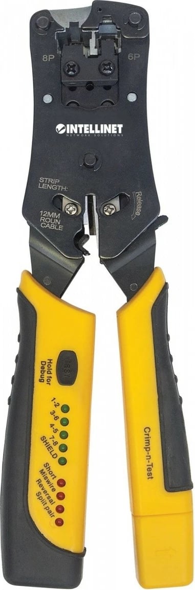Krimpuese dhe testues kabllosh Intellinet 780124, për RJ45/RJ11/RJ12/RJ22, zi/verdhe