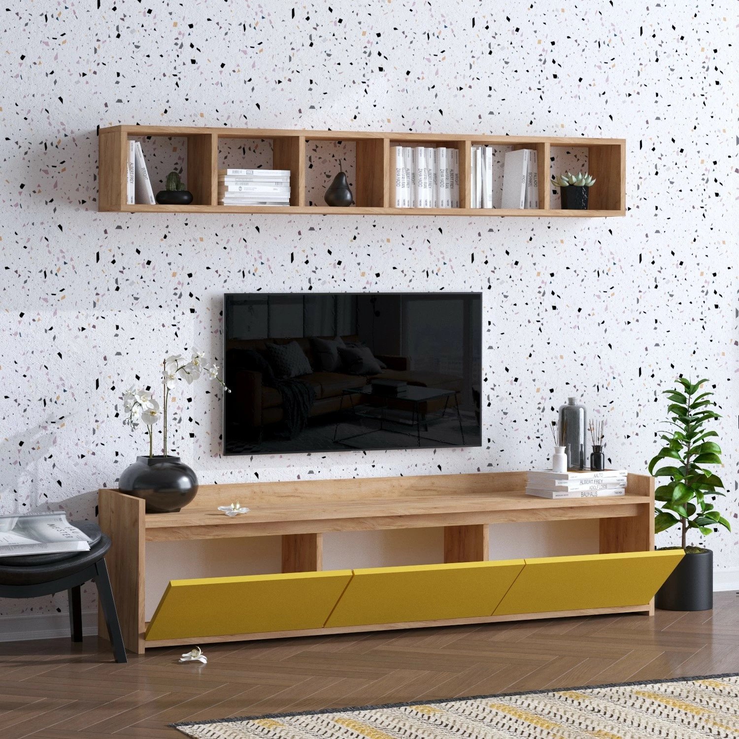 Njësi TV Hanah Home, AVAN, ngjyrë lis dhe e verdhë