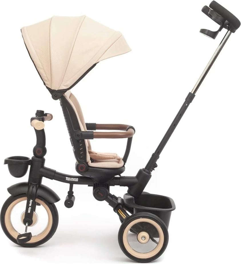 Tricikletë fëmijësh me dritë Milly Mally Twinkle, sedile rrotulluese 180°, timon prindëror i rregullueshëm, rrota shkumë, kapacitet 25 kg, me çati dhe kosha, bezhë