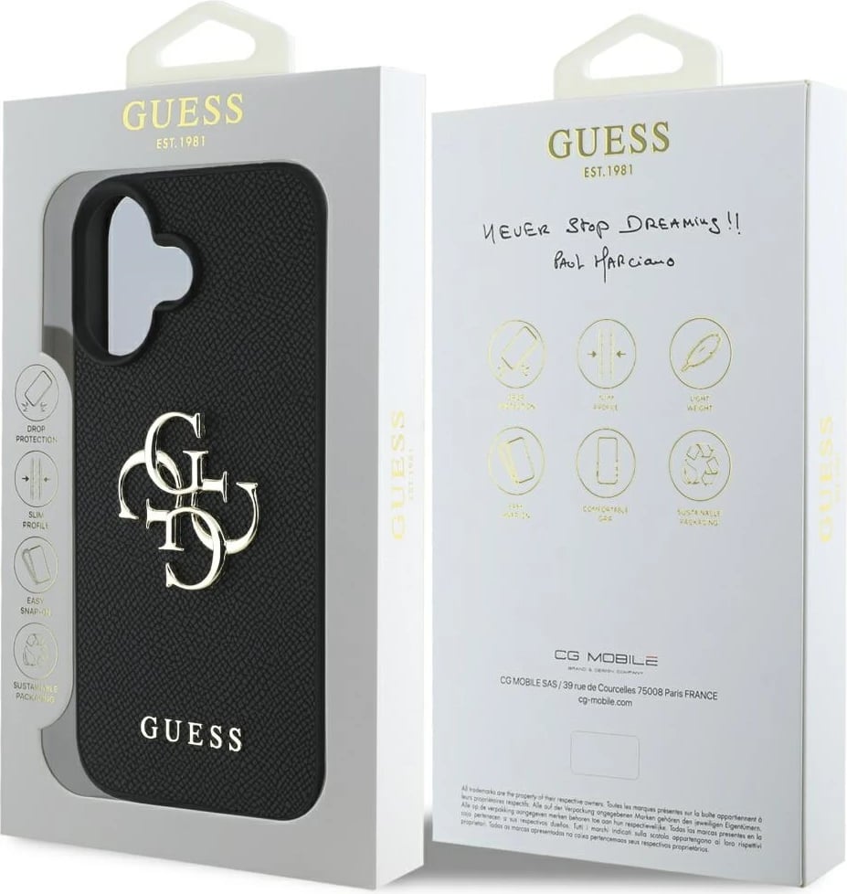Mbështjellës Guess Grained Big 4G Logo Small Classic Logo për iPhone 16, e zezë Mbështjellës Guess Grained Big 4G Logo Small Classic Logo për iPhone 16, e zezë