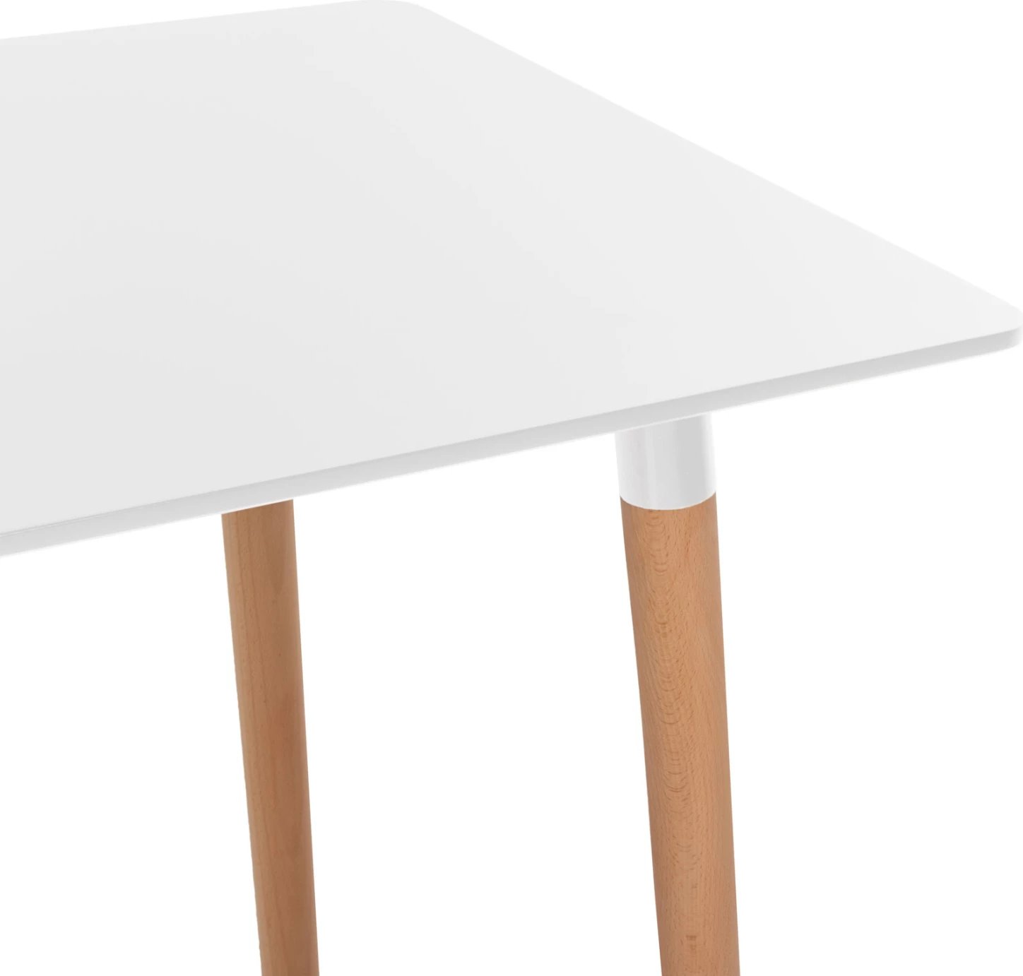 Tavolinë minimaliste për kuzhinë, MDF e bardhë, këmbë druri ahu natyral, 120x60x74cm