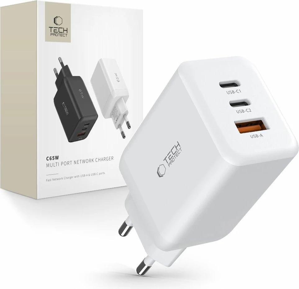 Karikues rrjeti Tech-Protect C65W, 2x USB-C PD 65W / USB-A QC 3.0, Bardhë